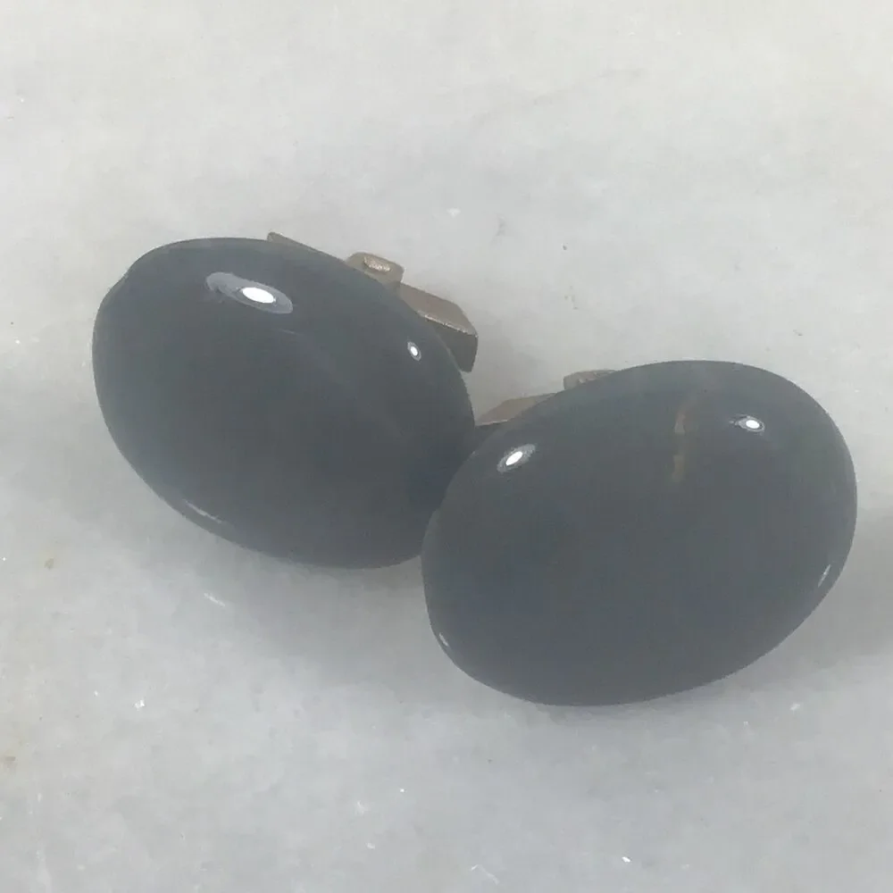 Vintage Black Onyx Cabochon Cufflinks - Silver Tone Oval Mid-Century Formal Wear